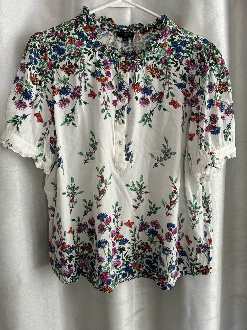 Talbots White Floral Ruffle-Neck Short Sleeve Blouse